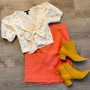 J Crew Coral Cotton Linen Pencil Skirt Size 2